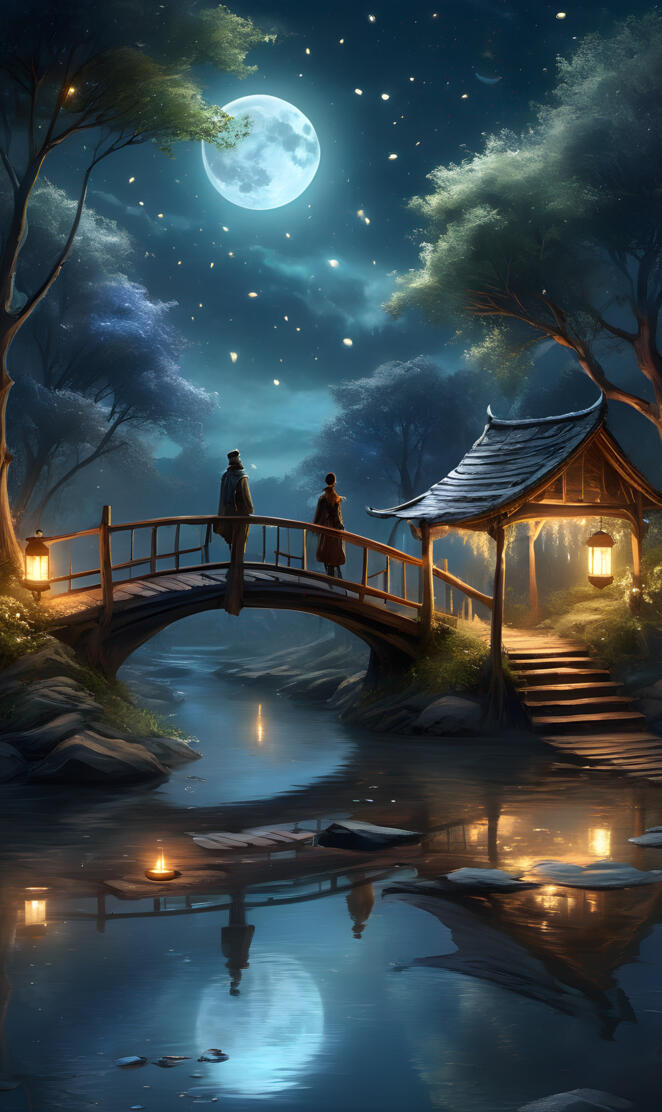 a bridge over water with a house and trees and a moon in the sky