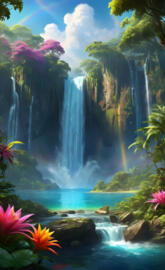 a waterfall with a rainbow