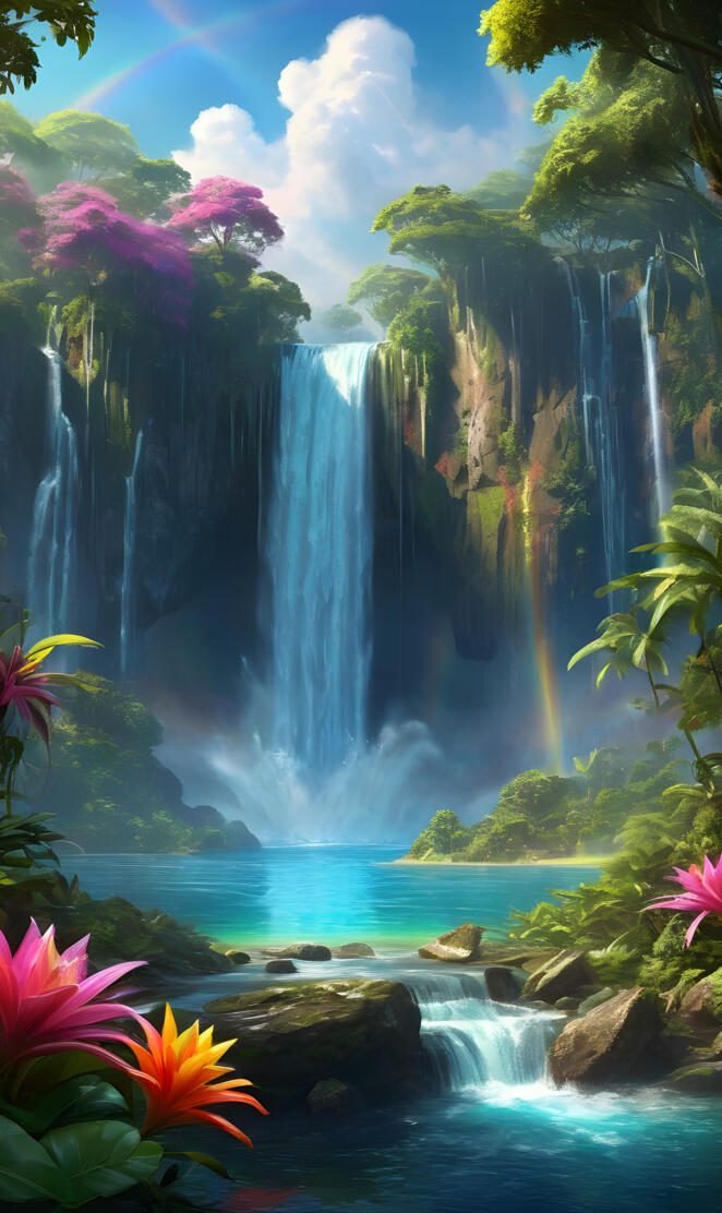 a waterfall with a rainbow