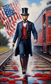 a person in a suit and hat walking on a train track