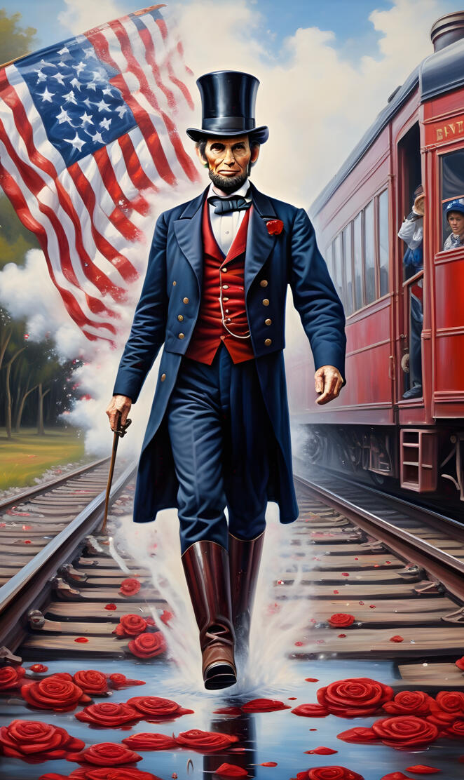 a person in a suit and hat walking on a train track