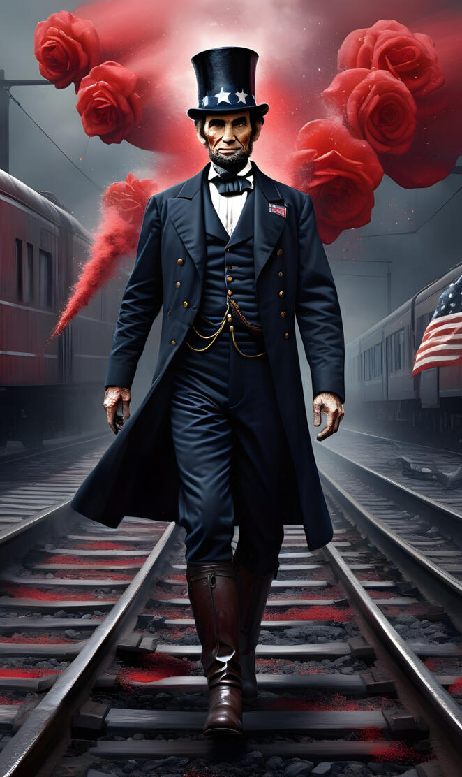 a person in a suit and hat with a red flower on the head