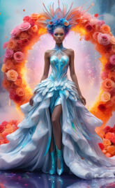 a person in a blue dress with flowers on the head