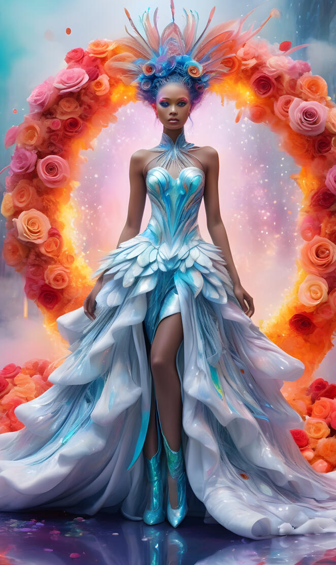 a person in a blue dress with flowers on the head