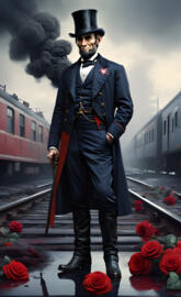 Abraham Lincoln in a suit and hat standing on a train track
