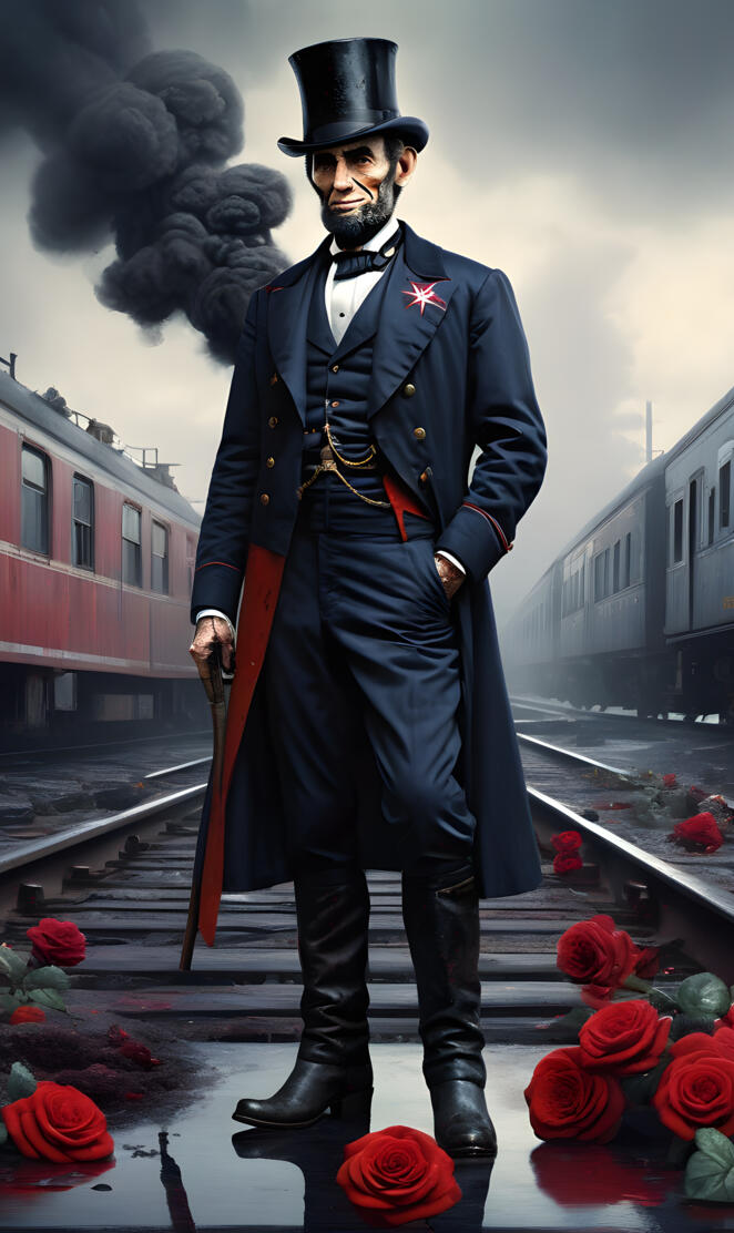 Abraham Lincoln in a suit and hat standing on a train track