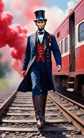 a person in a blue suit and hat standing on train tracks