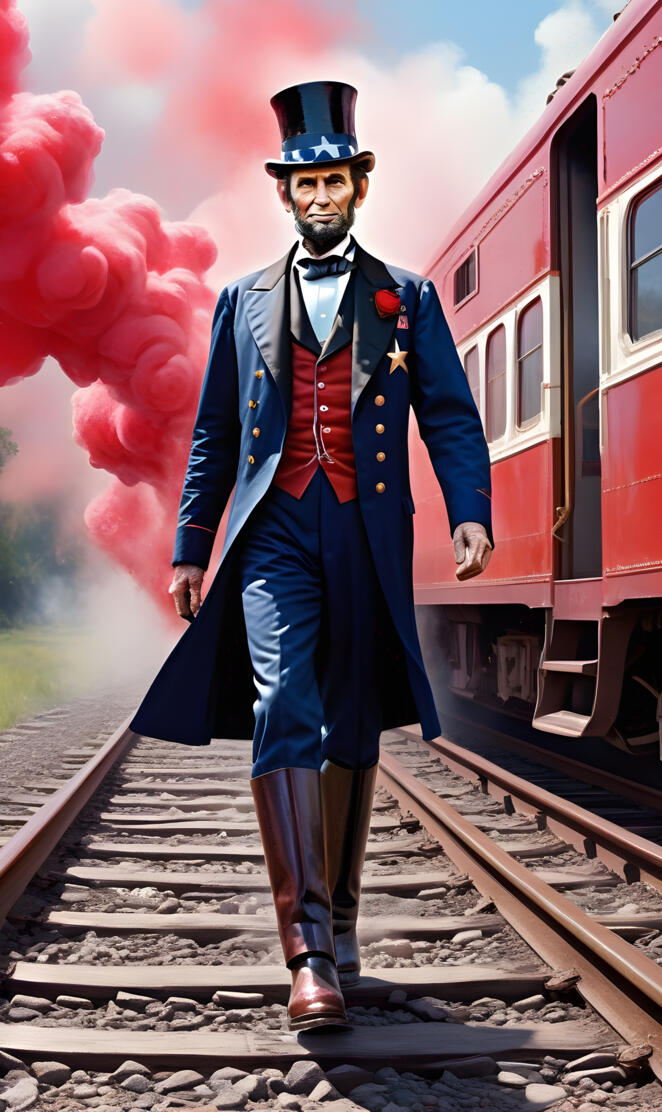 a person in a blue suit and hat standing on train tracks