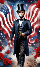 a man in a suit and hat holding a flag