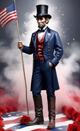 Abraham Lincoln in a uniform holding a flag and a flag