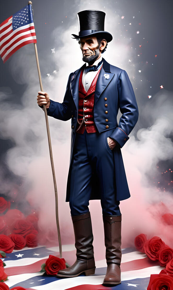 Abraham Lincoln in a uniform holding a flag and a flag