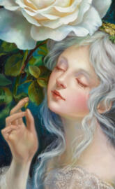 A captivating painting of a woman with porcelain skin and cascading wh