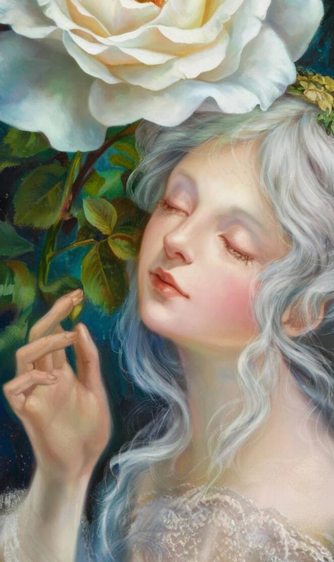 A captivating painting of a woman with porcelain skin and cascading wh