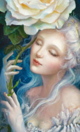 A captivating painting of a woman with porcelain skin and cascading wh