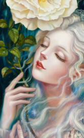 A captivating painting of a woman with porcelain skin and cascading wh