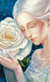 A captivating painting of a woman with porcelain skin and cascading wh