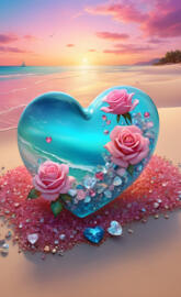 sunset and the sea, glass heart, roses