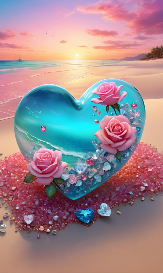 sunset and the sea, glass heart, roses