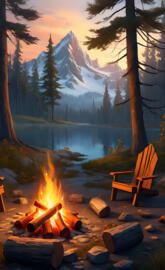 a fire pit with a chair and a fire in the middle of a forest with a