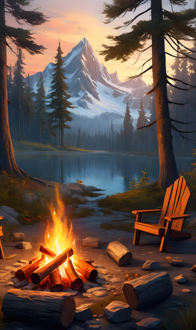 a fire pit with a chair and a fire in the middle of a forest with a