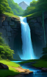 a waterfall with a rock wall and trees and a mountain in the
