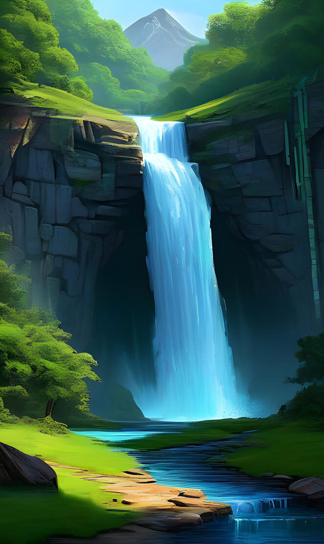 a waterfall with a rock wall and trees and a mountain in the