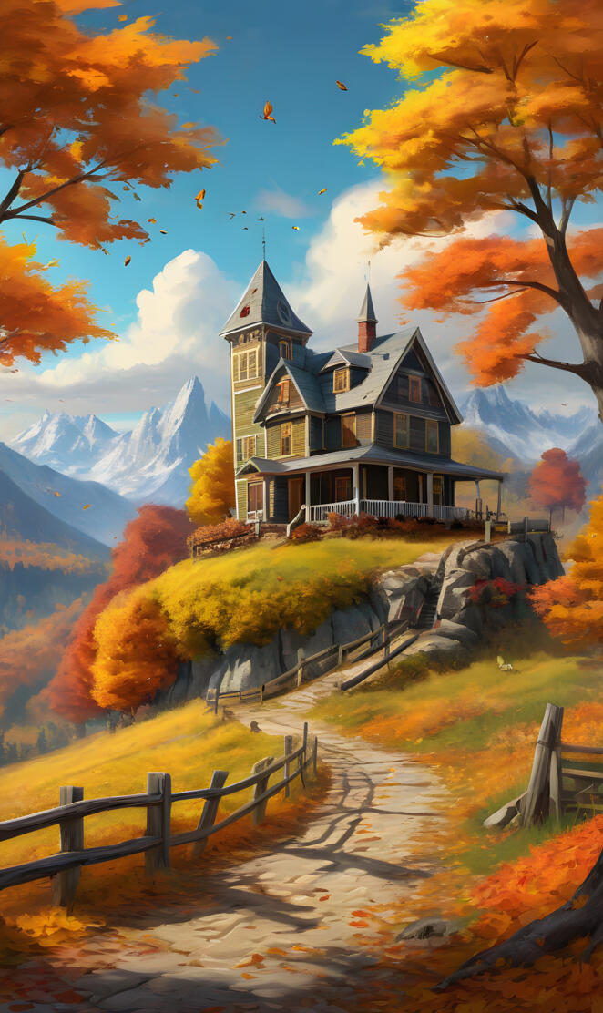 a house on a hill with trees and mountains in the background