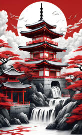 a red and white building with a fountain in front of it