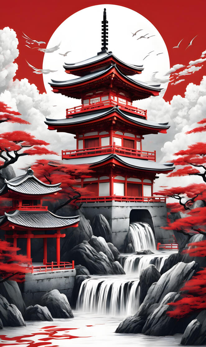 a red and white building with a fountain in front of it