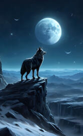 a wolf standing on a rock in front of the moon