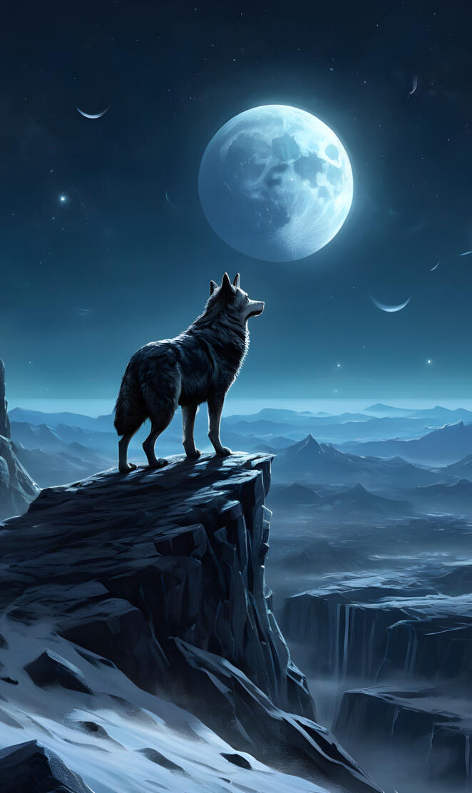 a wolf standing on a rock in front of the moon