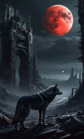 a wolf standing in front of a building with a red moon in the