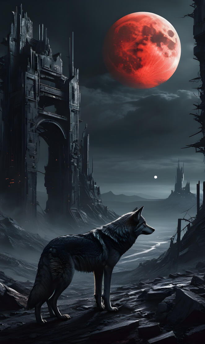 a wolf standing in front of a building with a red moon in the