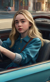 a girl driving a blue car