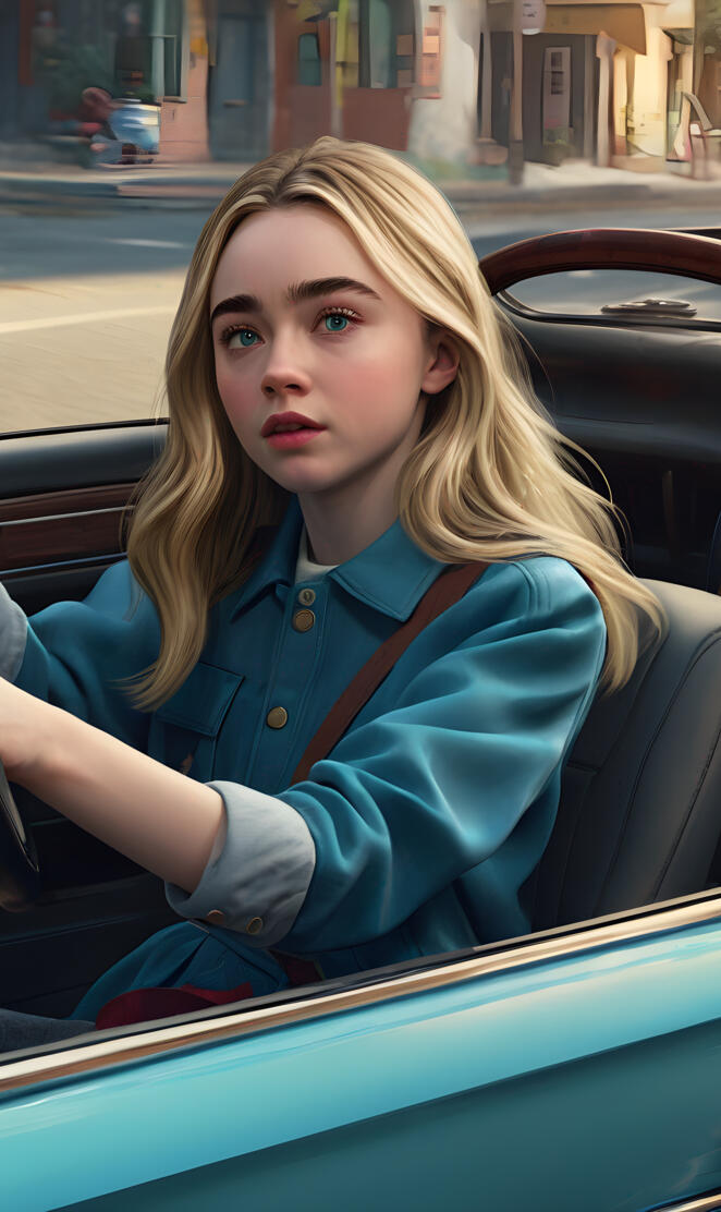 a girl driving a blue car