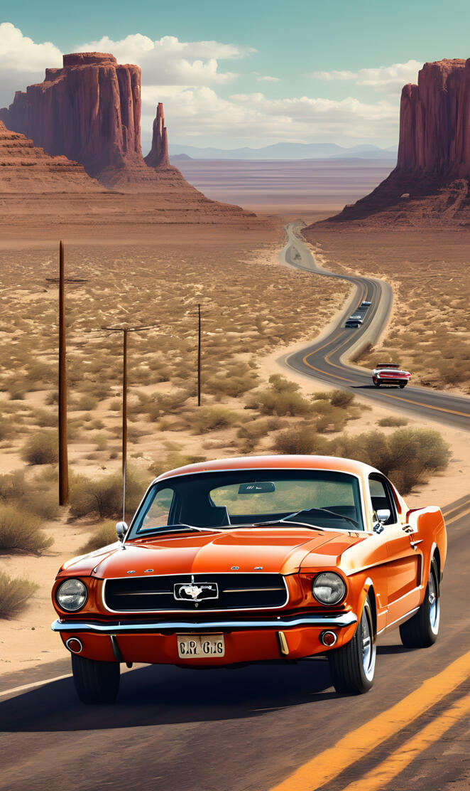 route 66 orange Mustang