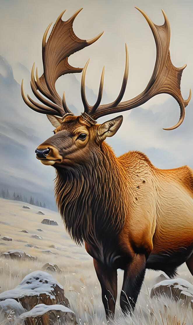 a elk with antlers in a snowy field
