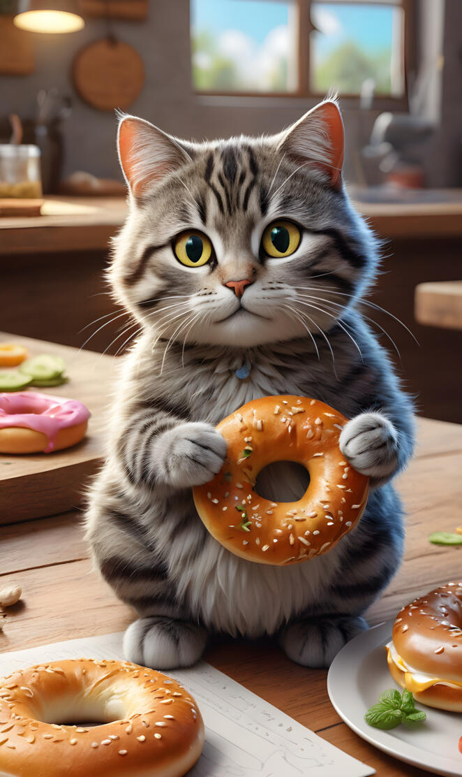 a cat holding a donut