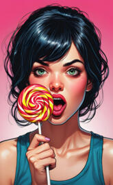 a woman holding a lollipop