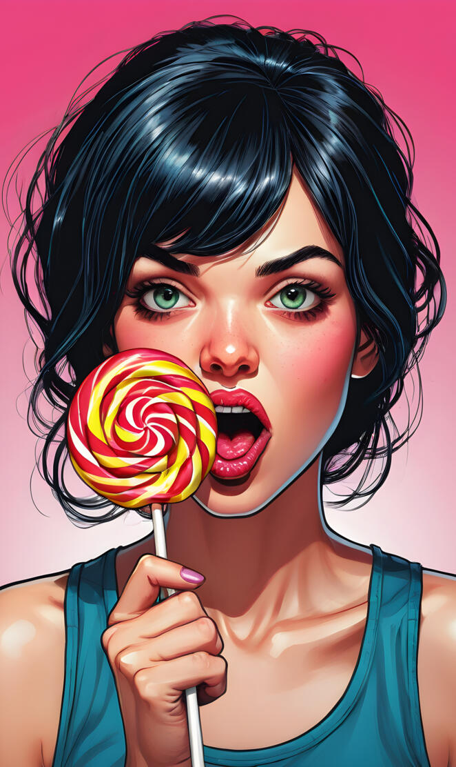 a woman holding a lollipop