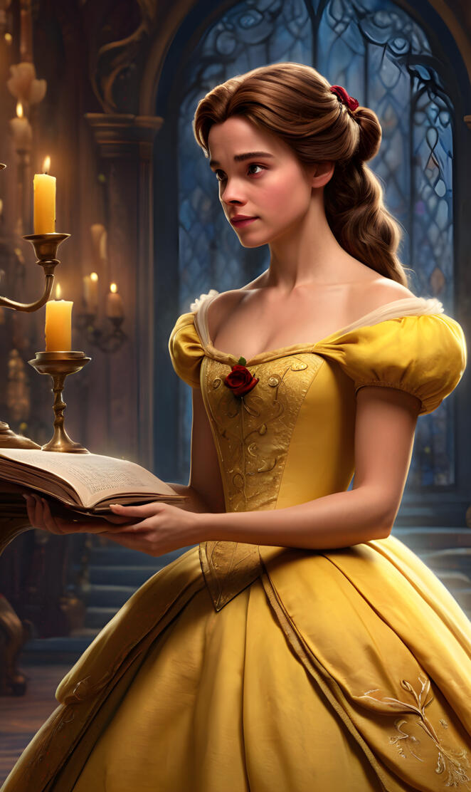 Belle holding a book