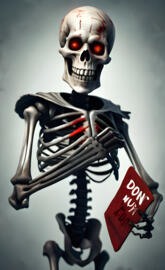 a skeleton holding a book