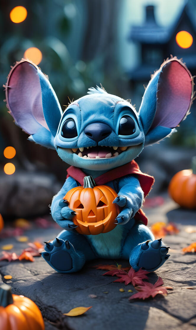 Stitch holding a pumpkin