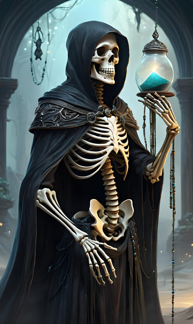 a skeleton holding a sandglass