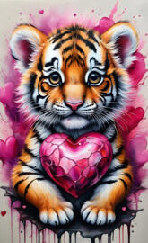 a tiger holding a heart