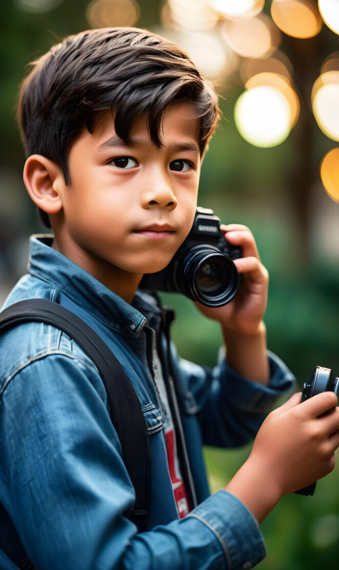a boy holding a camera