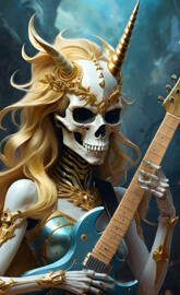 a skeleton holding a guitar