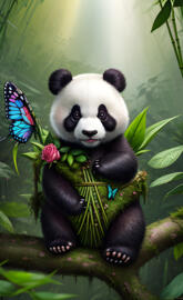 a panda holding a flower