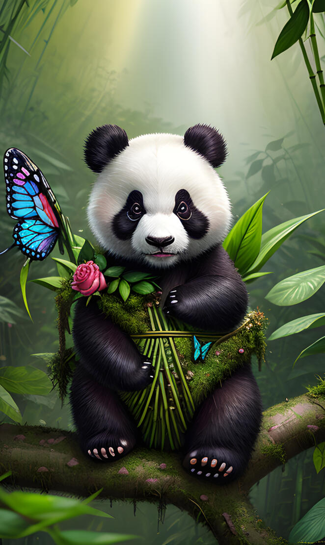 a panda holding a flower