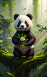 a panda holding flowers